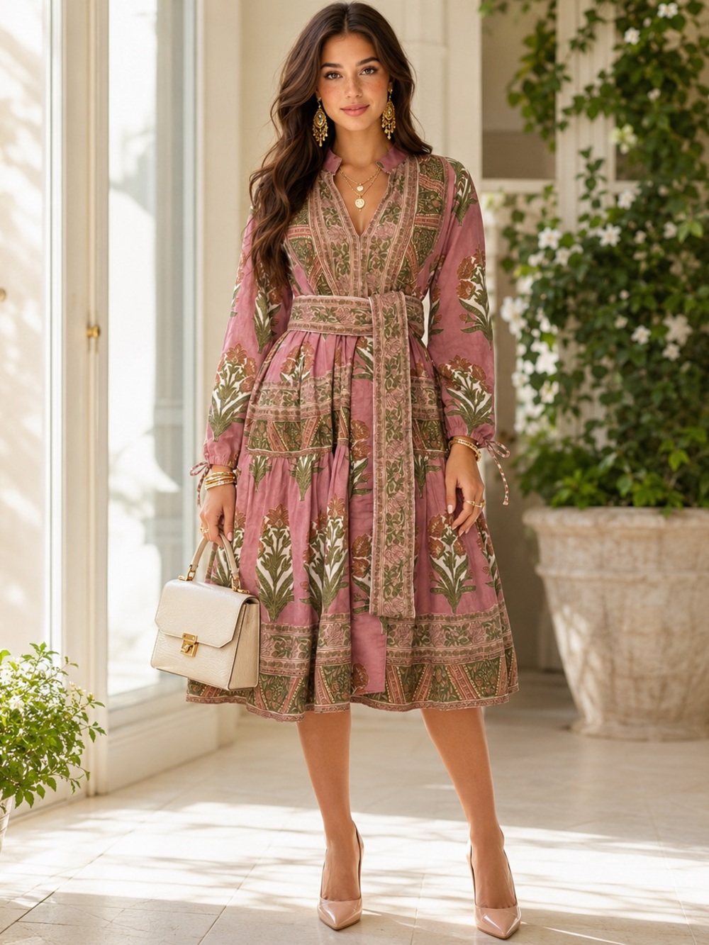 Victoria Dunn Bohemian Floral Block-Print Belted Midi Dress Dusty Rose-XS